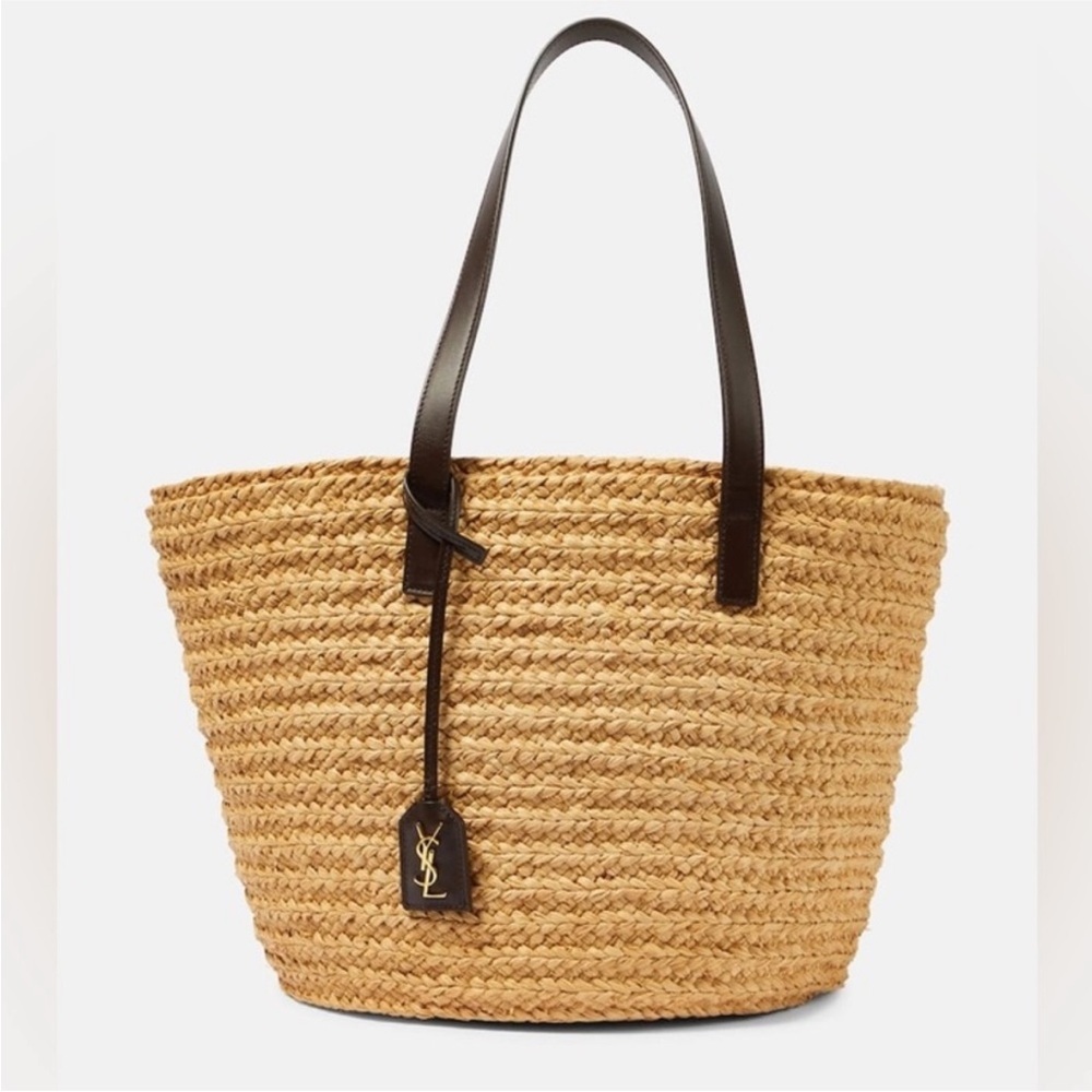 Authentic Saint Laurent Straw Raffia Calfskin Medium Panier Tote